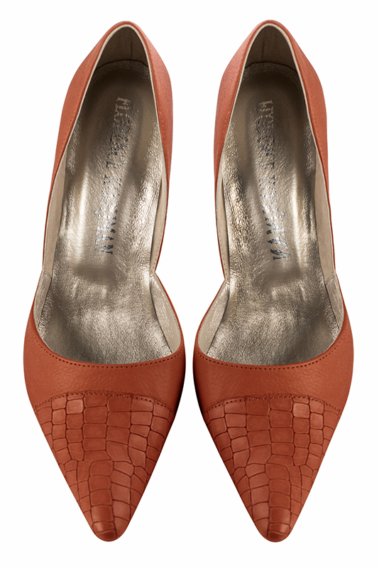 Terracotta orange women's open arch dress pumps. Tapered toe. Very high spool heels. Top view - Florence KOOIJMAN